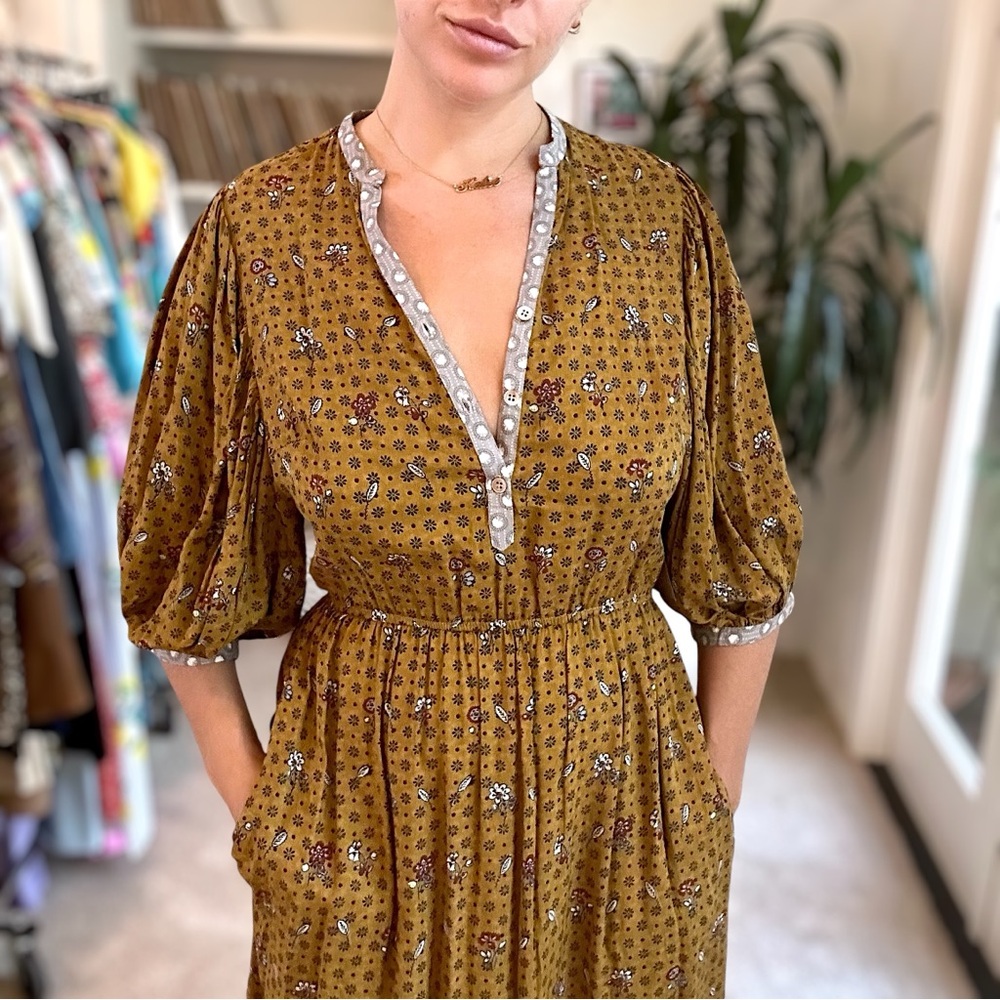 Indian Dress Bohemian Floral Print Maxi Mustard Yellow Gray Medium